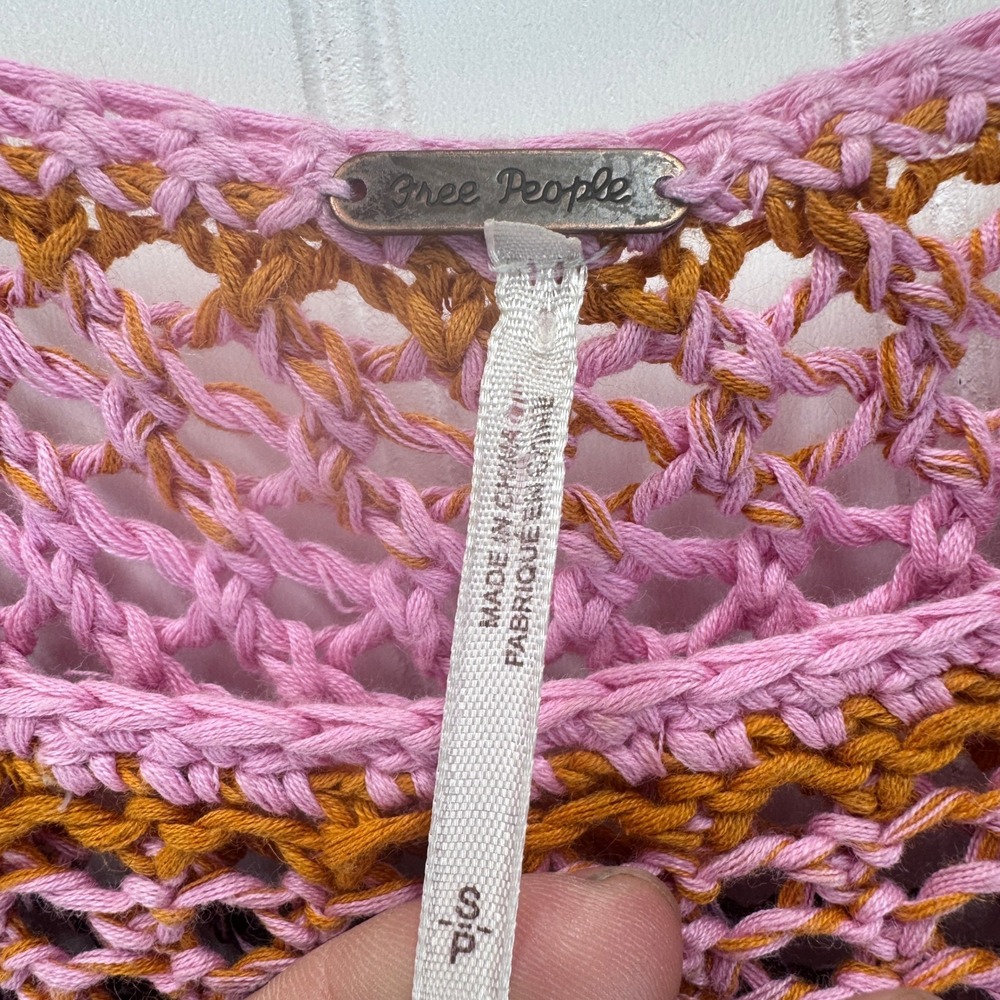 Free People Poncho Sweater Womens S Pink Striped Boho Crochet Open Knit Cropped - Picture 5 of 6